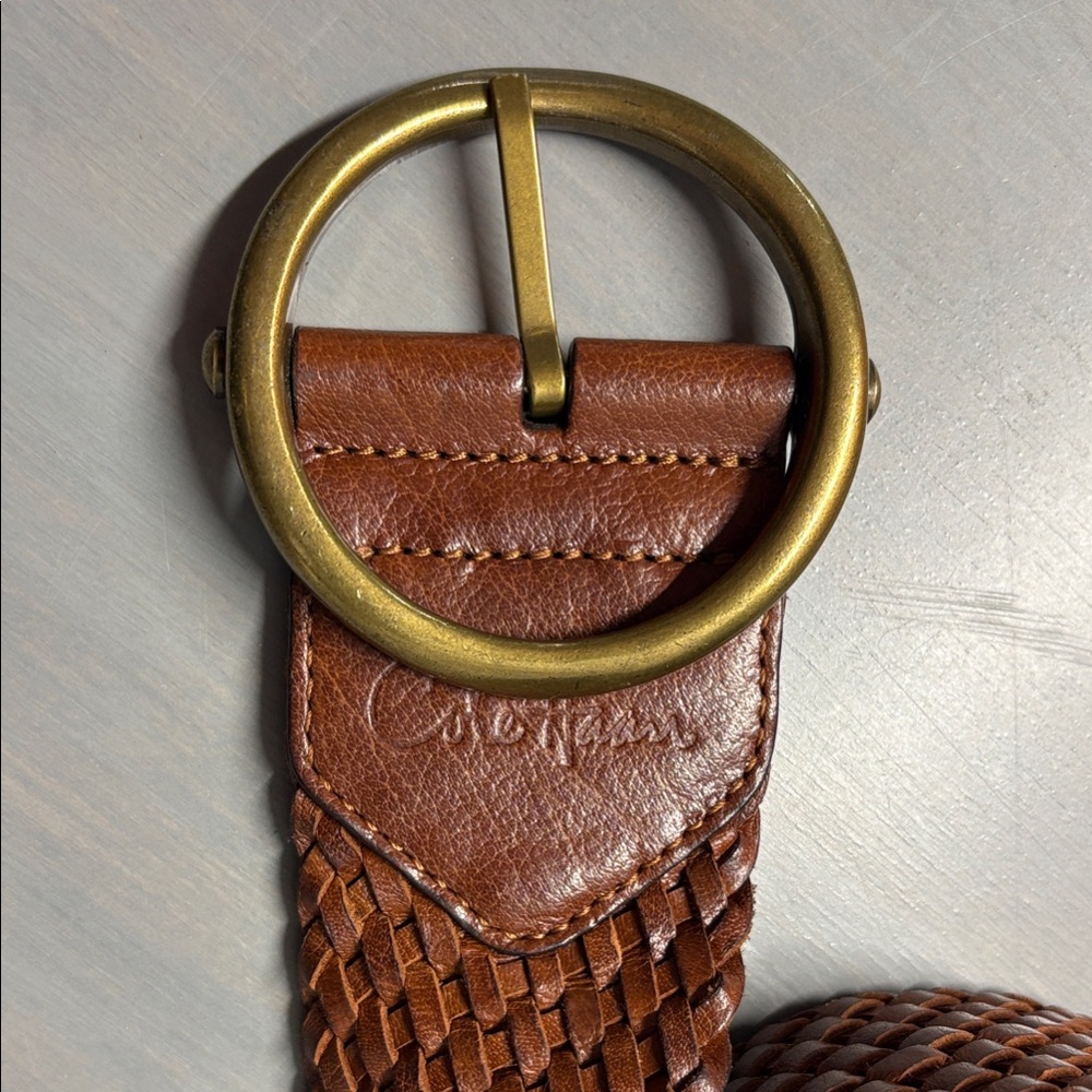 Vintage Braided Brown Leather Belt with Brass Round Buckle - Unbranded